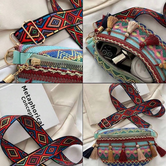 Western Multicolor Embroidered Tassel Detail Zip up Sling Crossbody Bag - Picture 6 of 6
